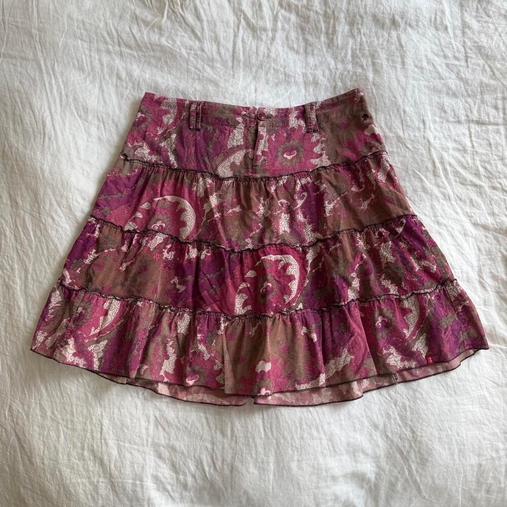 Y2k paisley pink and brown pleated corduroy midi skirt